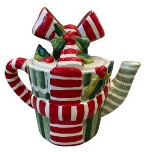 Christmas Bow & Holly Berry Ceramic Teapot Holiday Red Green Striped New